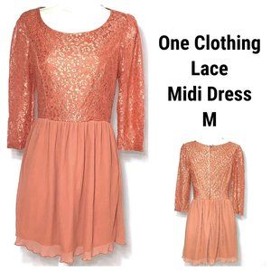 Lace Dress Pleated Orange Copper Ruffle Hem One Clothing Hidden Zipper Back M